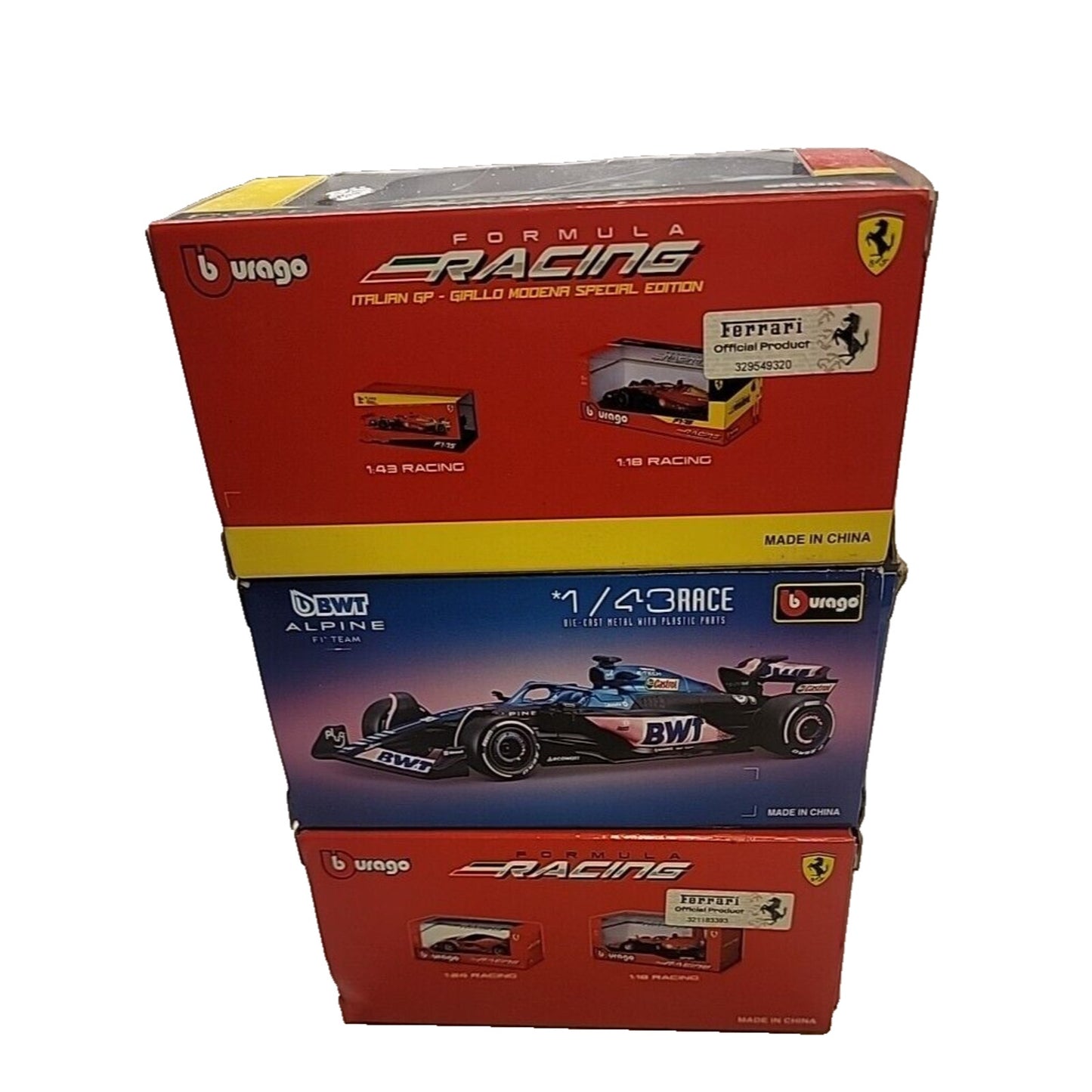 Lot Of 3 - Bburago 1/43 BWT alpine A523, Ferrari F1-75, Ferrari Tuscan GP