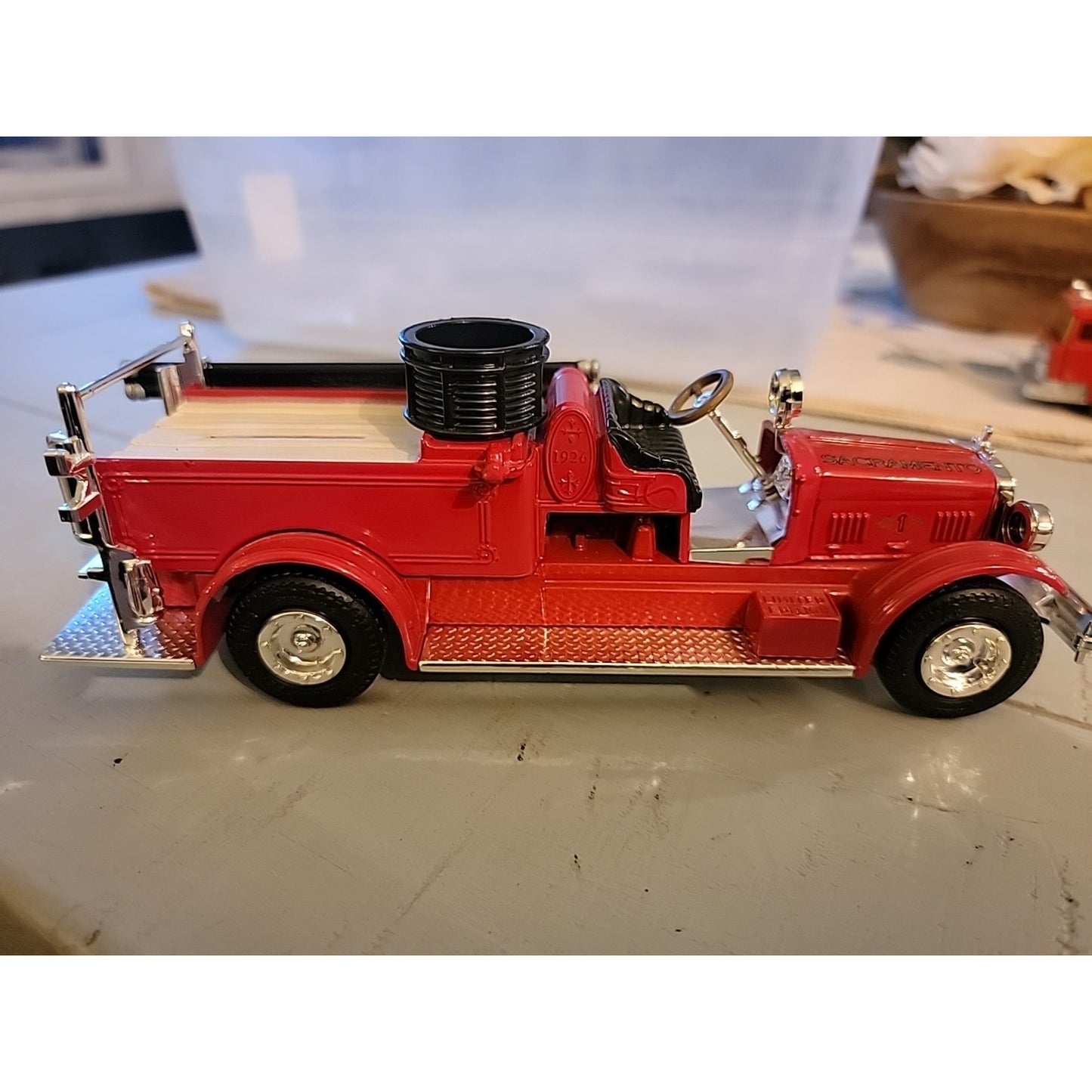 1926 vintage red Seagrave fire truck coin bank