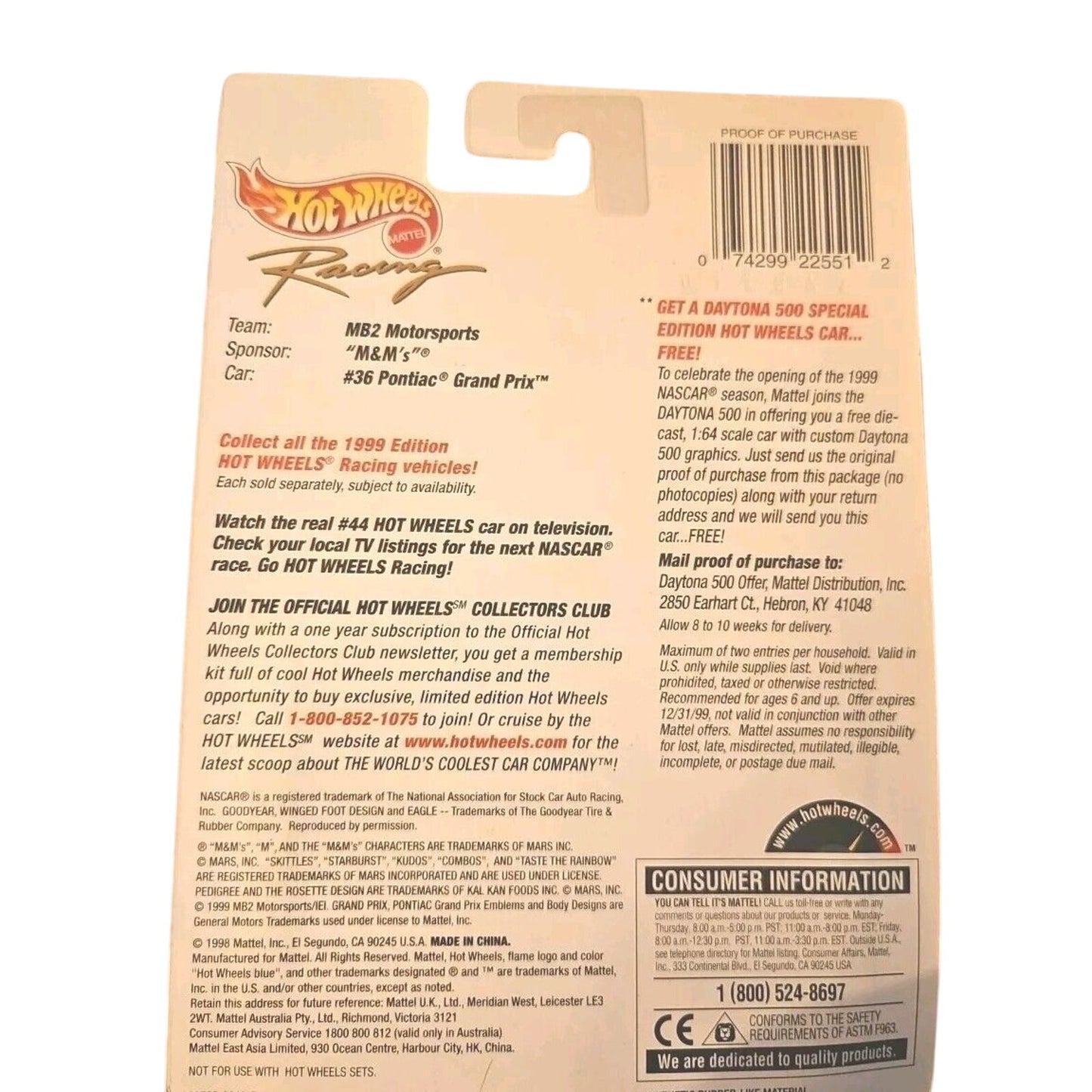 Hot Wheels 1999 Collector Edition Pro Racing #36 M&M's NASCAR 1/64 Pontiac