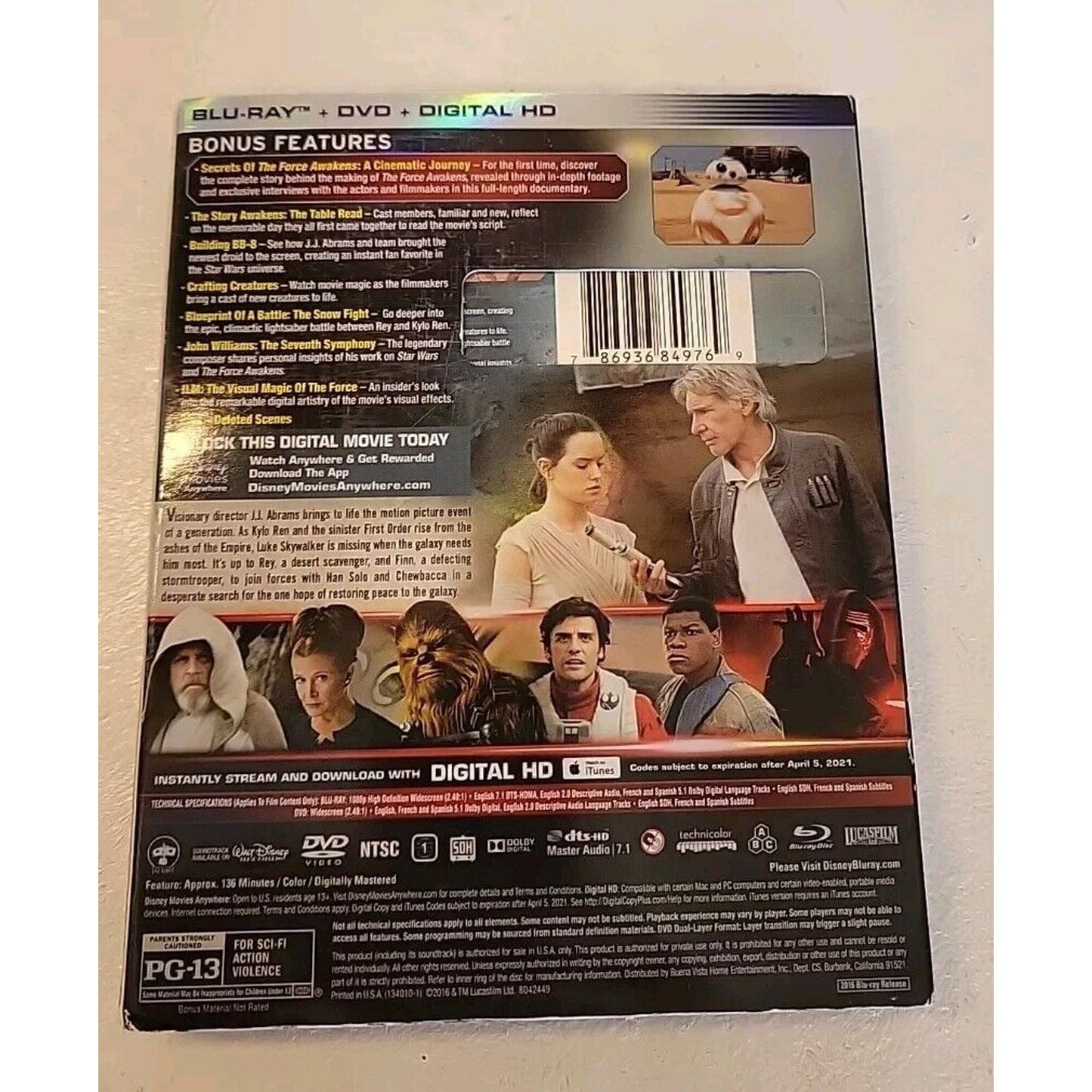 Star Wars: The Force Awakens (Blu-Ray + DVD) 3 Disc Set With Cardboard Sleeve