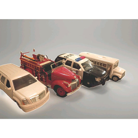Lot of 4 Diecast Vehicles Police, Fire, Sheriffs Bus, Escalade Chase Vehicle