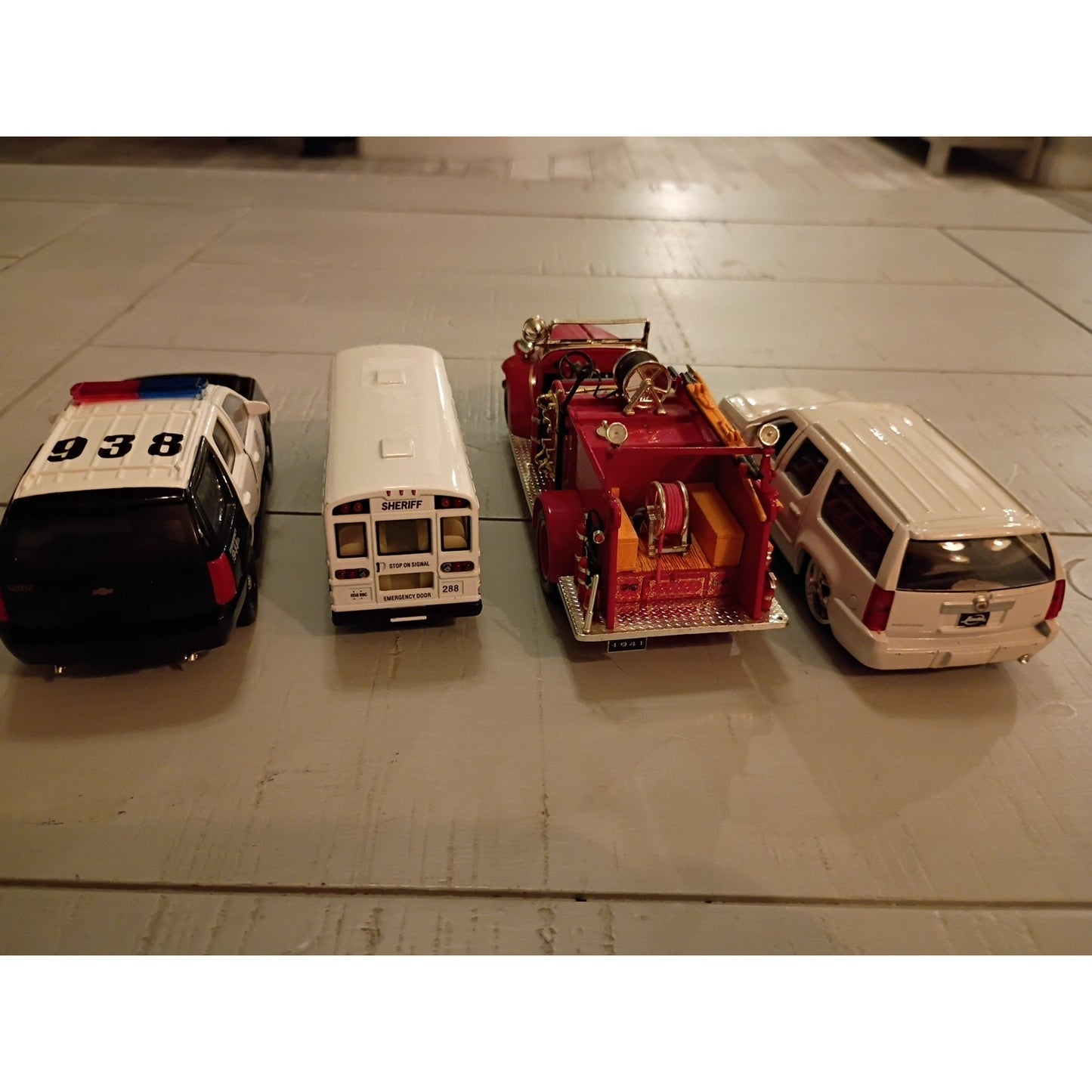 Lot of 4 Diecast Vehicles Police, Fire, Sheriffs Bus, Escalade Chase Vehicle