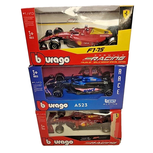 Lot Of 3 - Bburago 1/43 BWT alpine A523, Ferrari F1-75, Ferrari Tuscan GP