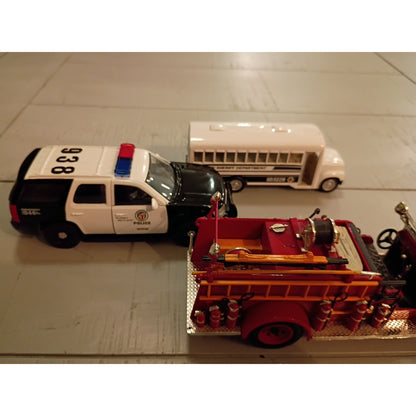Lot of 4 Diecast Vehicles Police, Fire, Sheriffs Bus, Escalade Chase Vehicle
