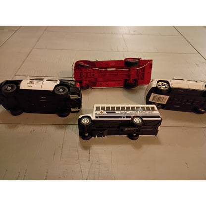 Lot of 4 Diecast Vehicles Police, Fire, Sheriffs Bus, Escalade Chase Vehicle