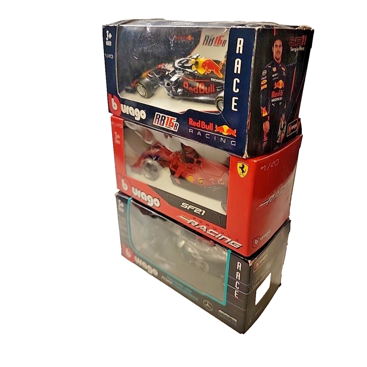 Lot Of 3 1:43 Burago F1 SF21 Ferrari , Red Bull RB16B, Mercedes AMG F1 Cars New