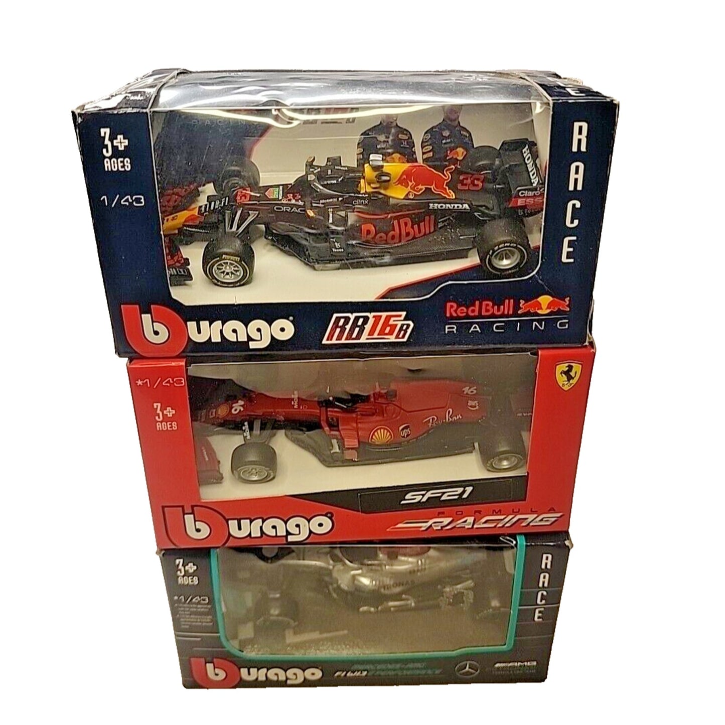 Lot Of 3 1:43 Burago F1 SF21 Ferrari , Red Bull RB16B, Mercedes AMG F1 Cars New