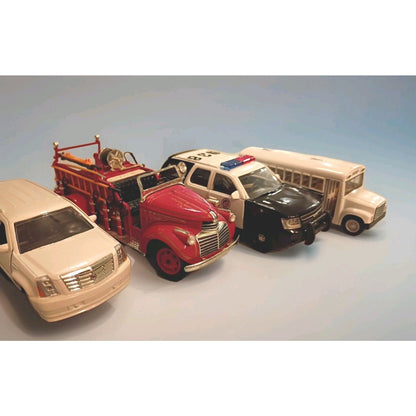 Lot of 4 Diecast Vehicles Police, Fire, Sheriffs Bus, Escalade Chase Vehicle